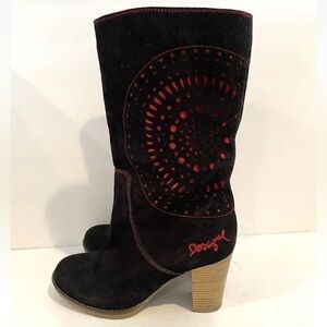 Desigual EU 37/US 6.5 Black Laser Cut-Out Design Suede Mid Calf Heeled Boots